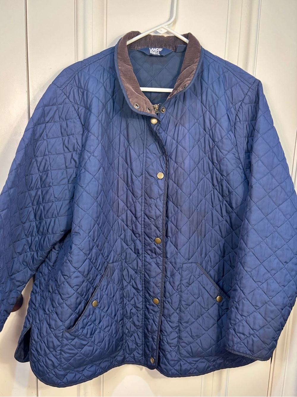 Lands' End Quilted Navy Jacket with Brown Corduroy Collar
